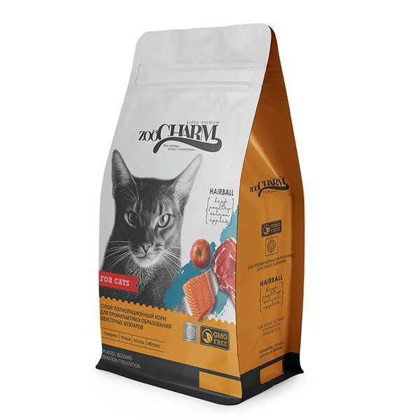 Корм ZooCharm 8 кг для кошек, вывод шерсти, лосось