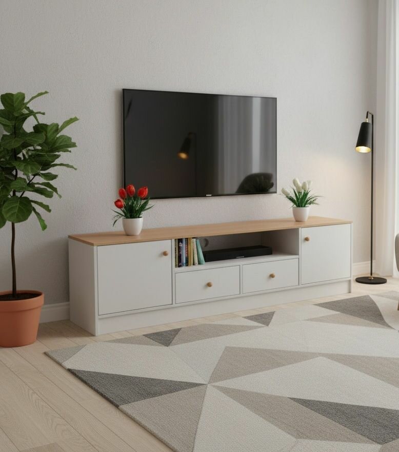 Meuble TV en Bois et Blanc