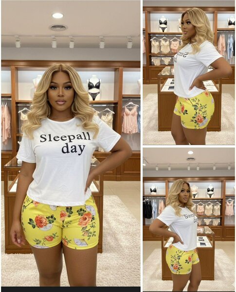 Ensemble pyjama femme - T-shirt 'Sleepall day' et shorts fleuris