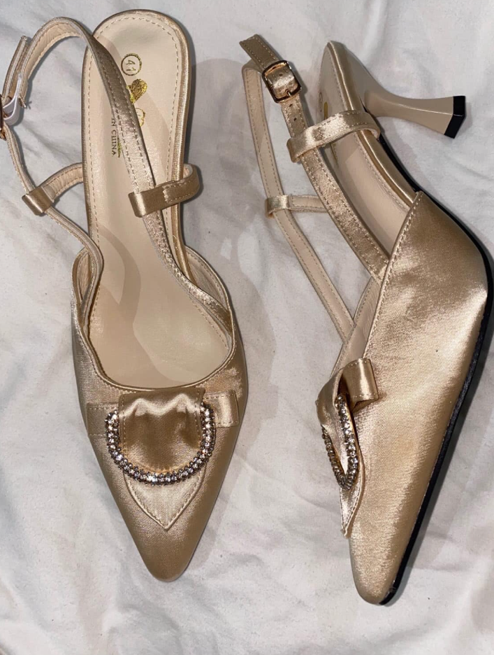 Women's Golden Pumps with Pointed Toe, Straps and Rhinestone Jewelry