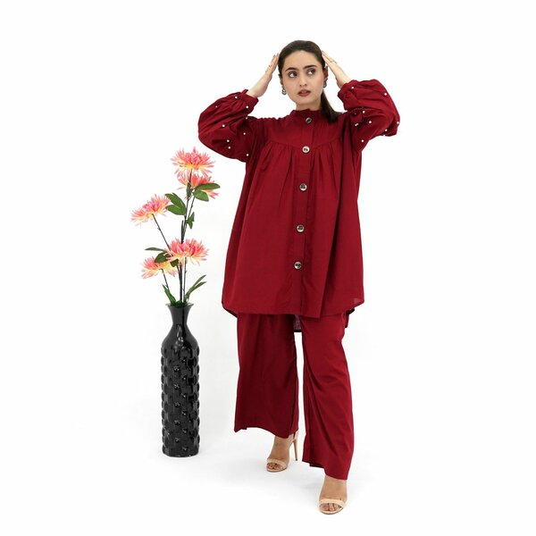 Maroon Button-Down Tunic with Straight Trousers