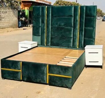 Bed with soft emerald headboard +2 white nightstands