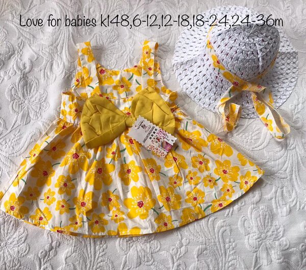 Dress with print + hat, 6-12, 12-18, 18-24, 24-36m
