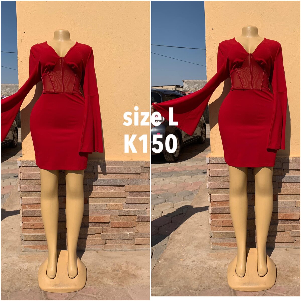 Red dress, extended sleeve, size L