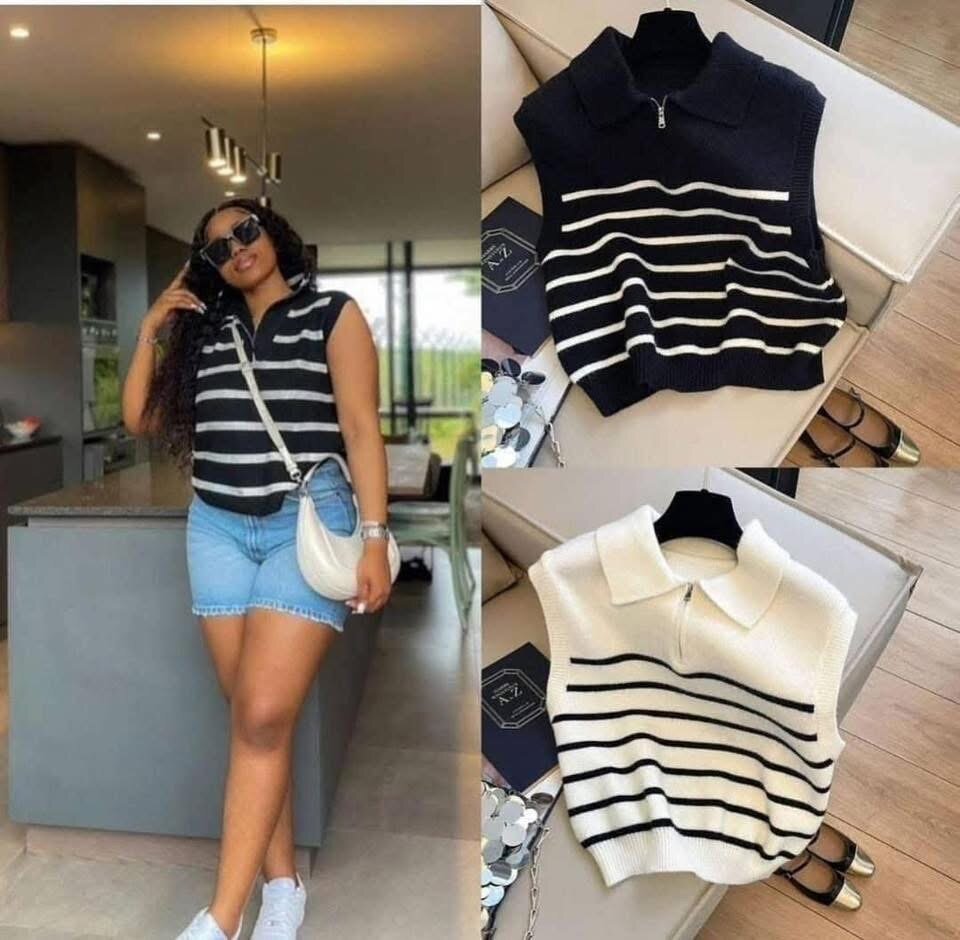 Pull sans manches rayé zippé