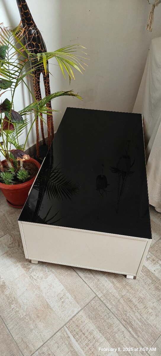 Coffee table, black, white and silver with glass surface