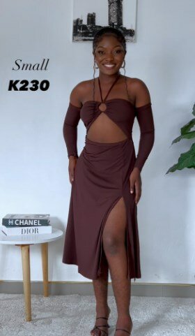 Brown stretch dress, cutout under the bust