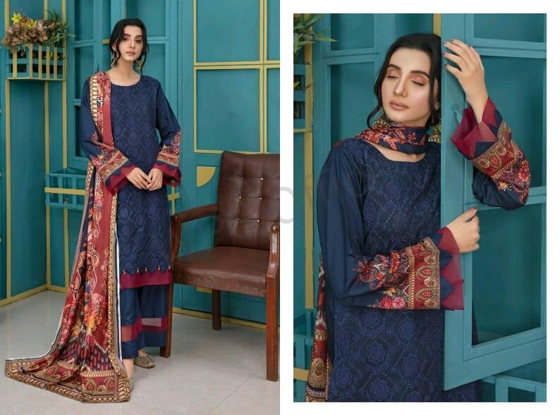 3 pcs women's Lawn unstitched Embroidered suit