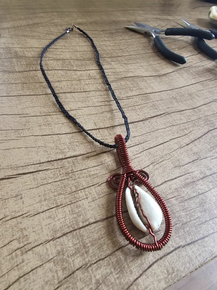 Copper & Cowrie Shell Pendant with Braided Cord Necklace