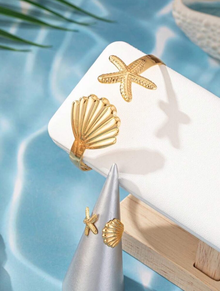 Seastar Shell Metal Bangle and Ring Set
