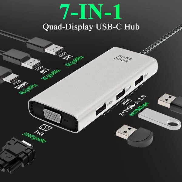 Hub USB-C 7-en-1 Display Quad