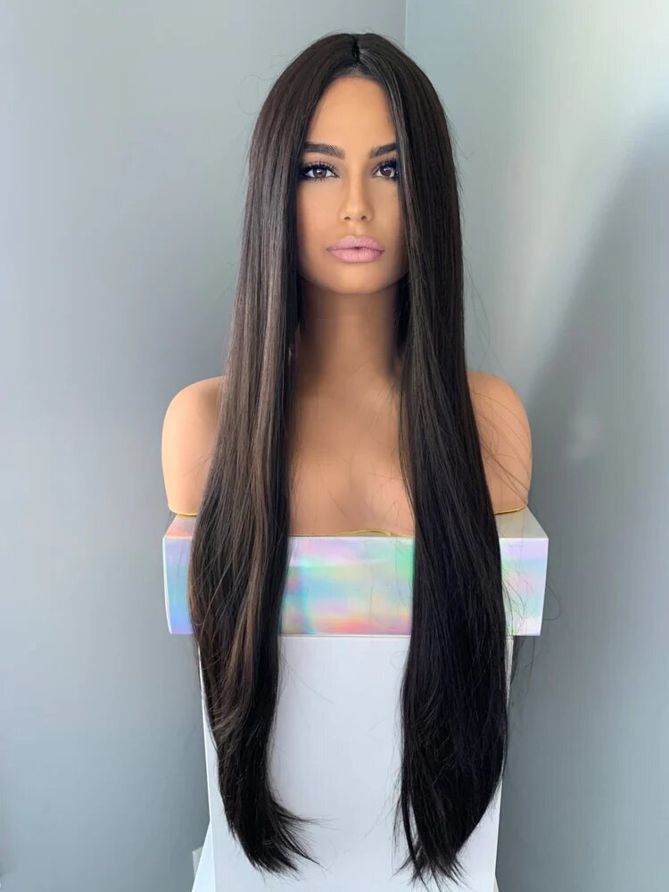 KIM" - LONG BLACK SILKY STRAIGHT PARTIAL LACE FRONT WIG