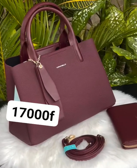 Sac en cuir bordeaux avec deux anses et portefeuille