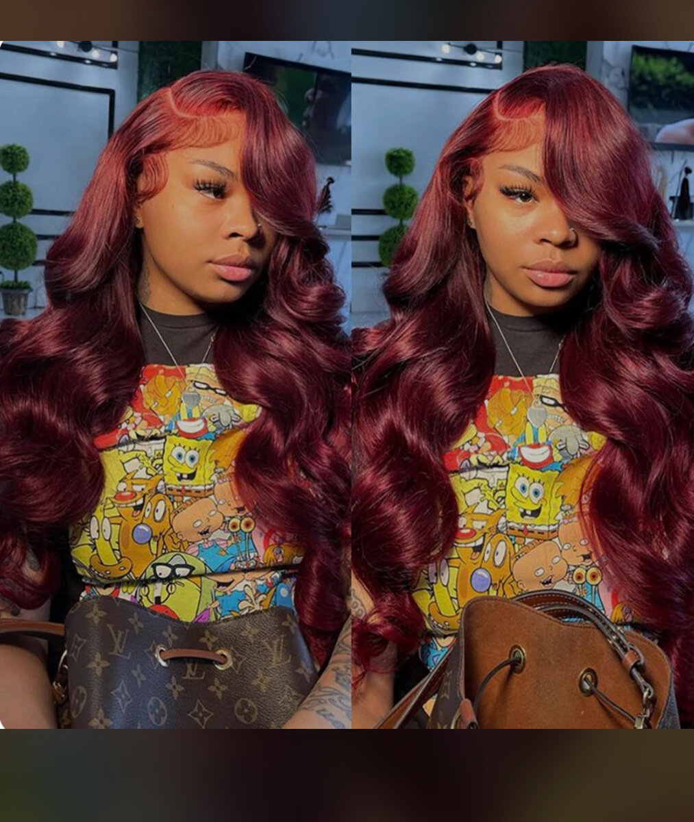 Perruque longue bordeaux élégante