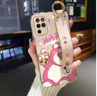YIWESAN For OPPO F19 Pro Case Whit Wristband New Design Side Square Edge Phone Case Fashion Popular Bear Pattern Plating Silicone Casing Full Cover Camera Shockproof SoftCase Protection Cases