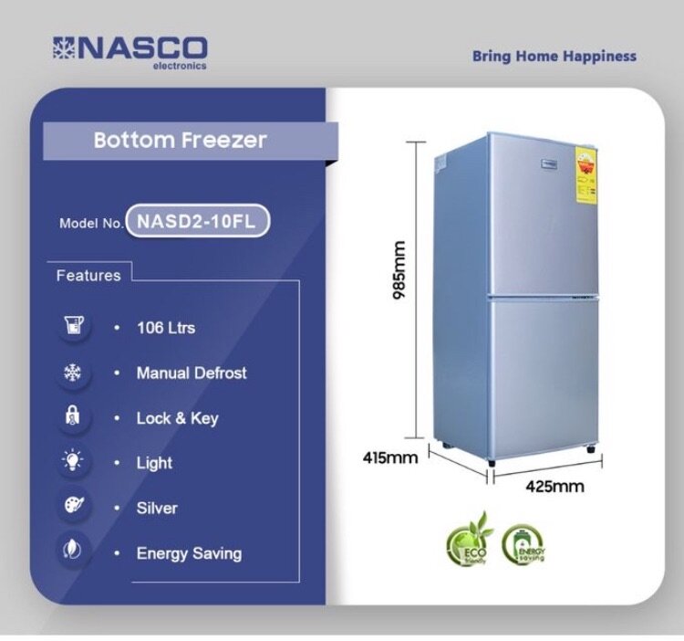 NASD2-10FL Bottom Freezer Double Door Fridge -106 Litres