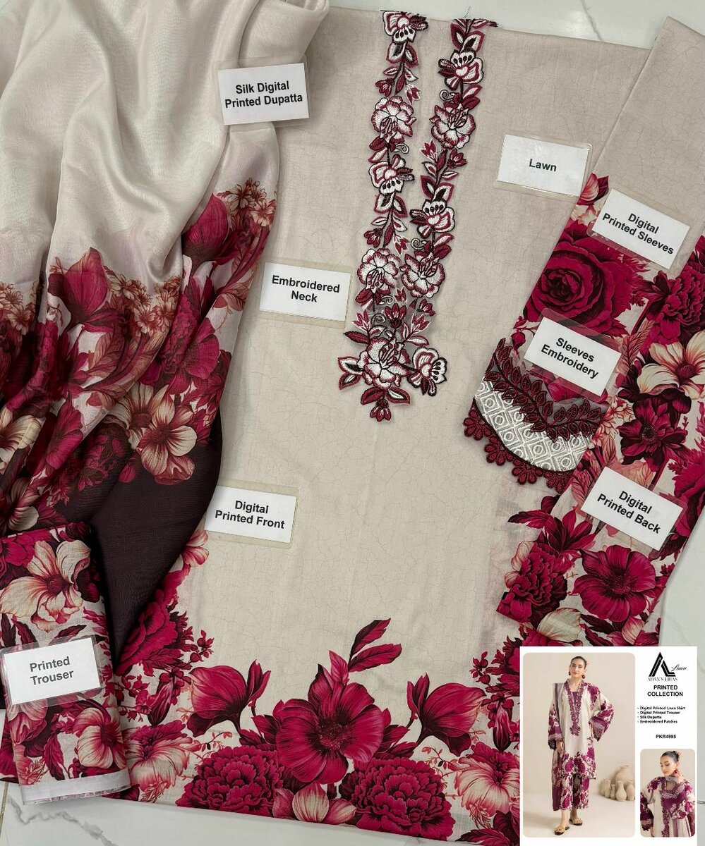 Digital printed lawn &silk  3 pc, dc free