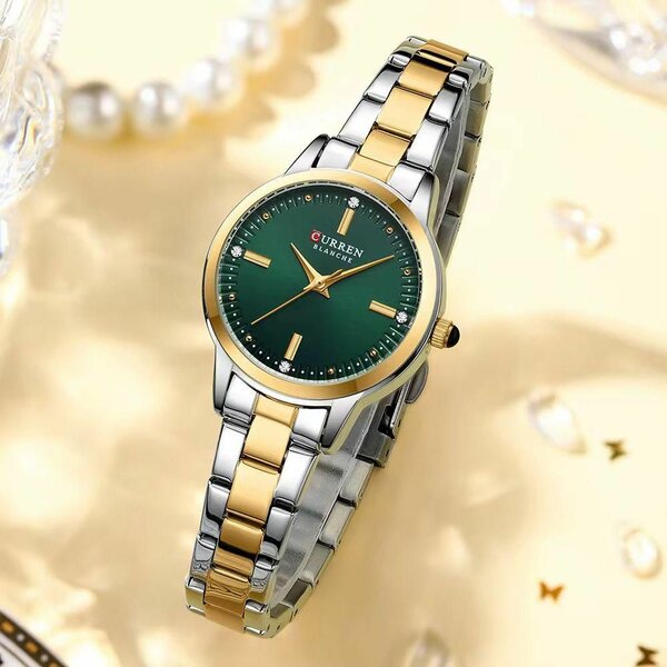Montre Élégante Vert Or Acier