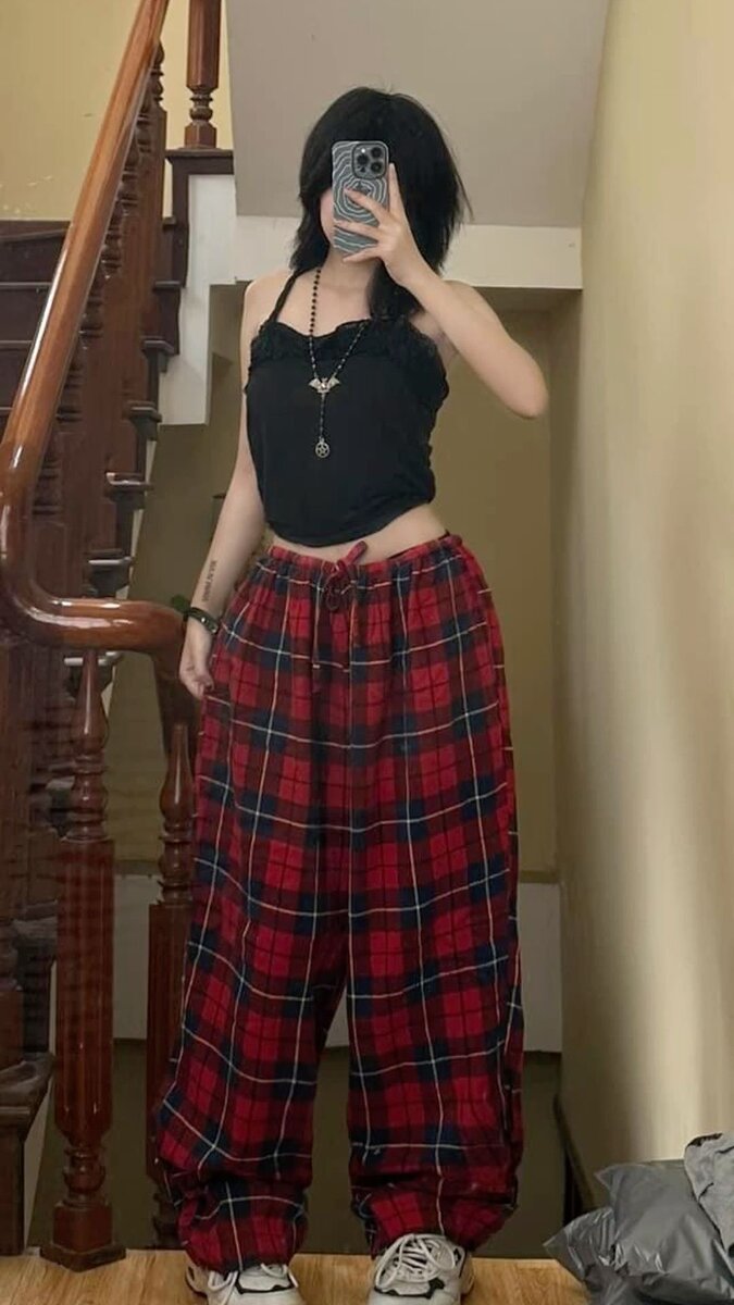Pantalon large tartan rouge