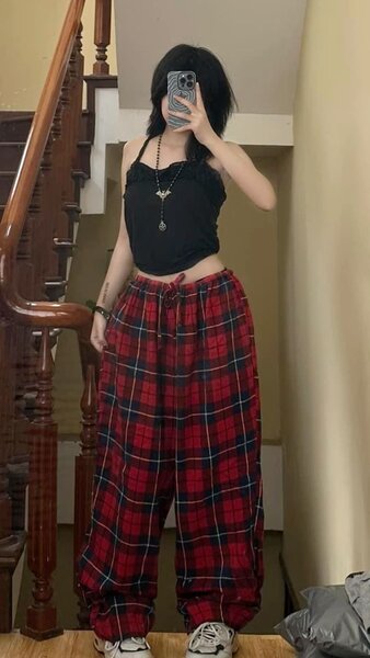 Pantalon large tartan rouge