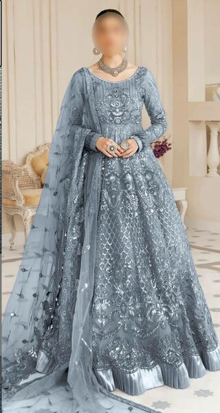 Net frok and satin silk trouser unsatich 3 pc