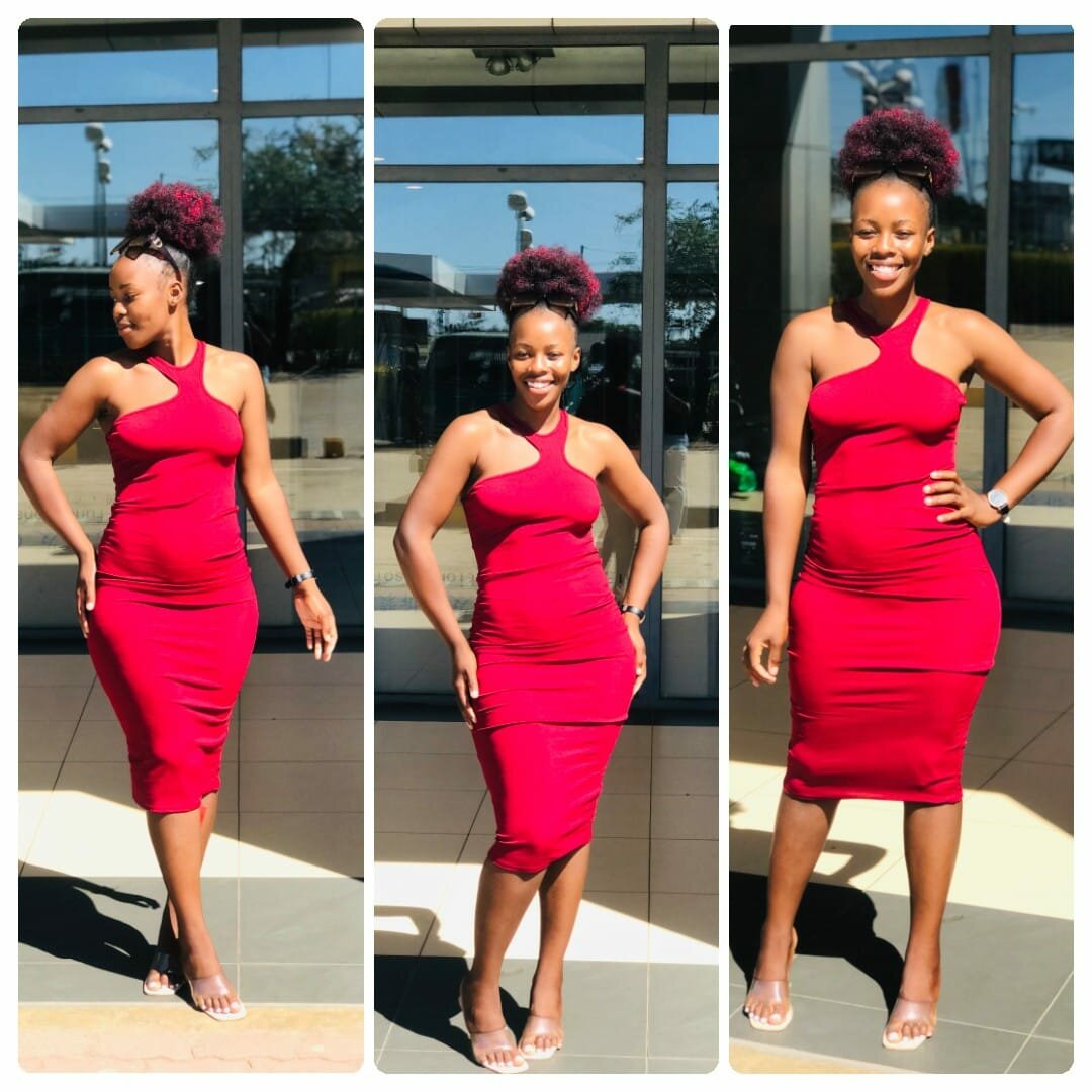 Red bodycon dress, asymmetrical neckline