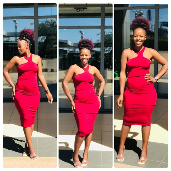 Red bodycon dress, asymmetrical neckline