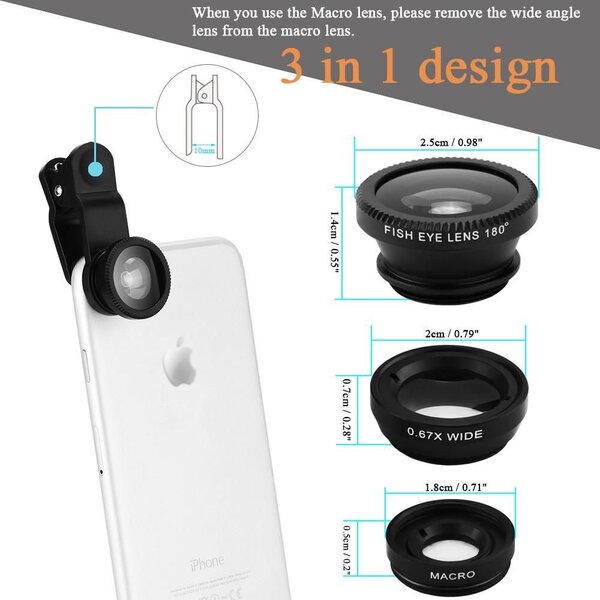 Kit d'objectifs 3 en 1 pour smartphone