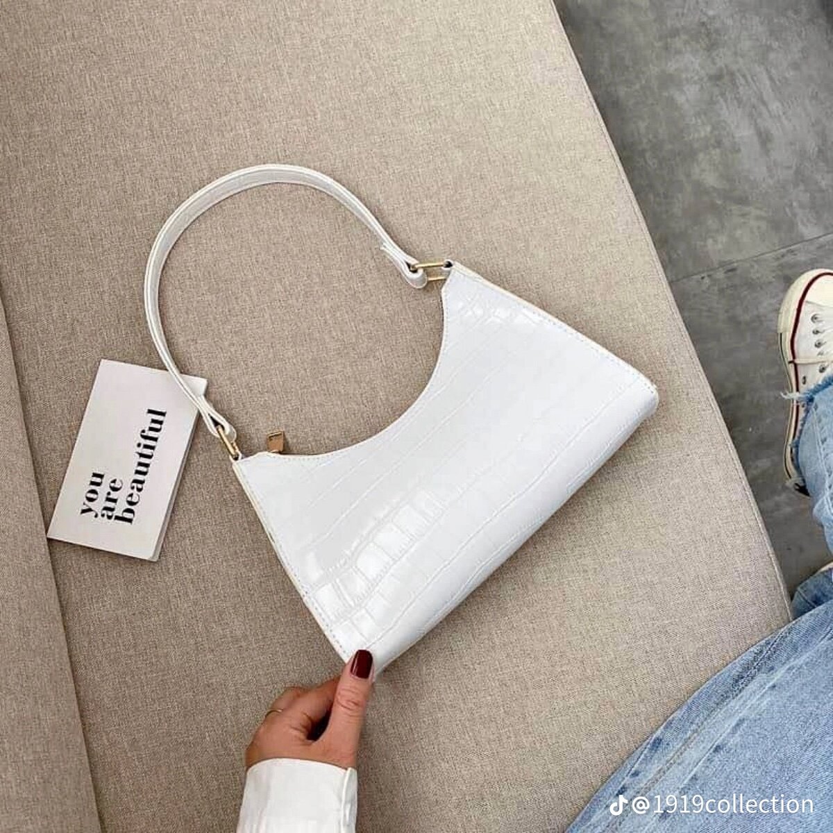 Mini leather baguette white bag