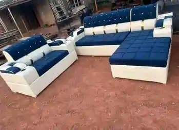 Canapé d'angle en cuir blanc et bleu