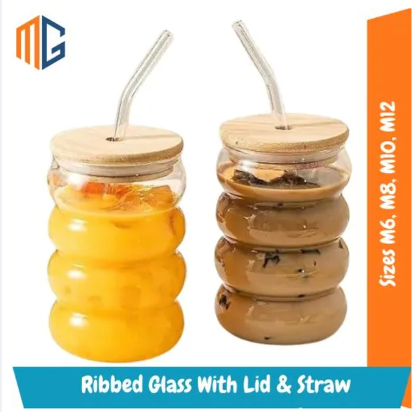 MG Creative Drinking Glasses with Bamboo Lids and Glass Straw Wave Can Shaped Glass Cups Beer & Ice Coffee Glasses Cute Tumbler Cup Great for Soda Boba Tea Cocktail Pack of 1