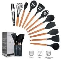 12 Pcs Silicone Cooking Utensils Kitchen Utensil Set - Heat Resistant Non-Toxic BPA Free Spatula Set with Turner Tongs, Spoon, Brush, Whisk - Wooden Handles Kitchen Gadgets Tools Set for Nonstick Cookware
