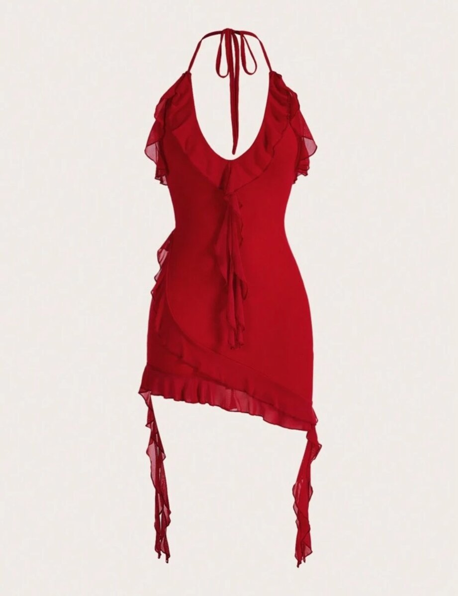 Robe moulante rouge à volants