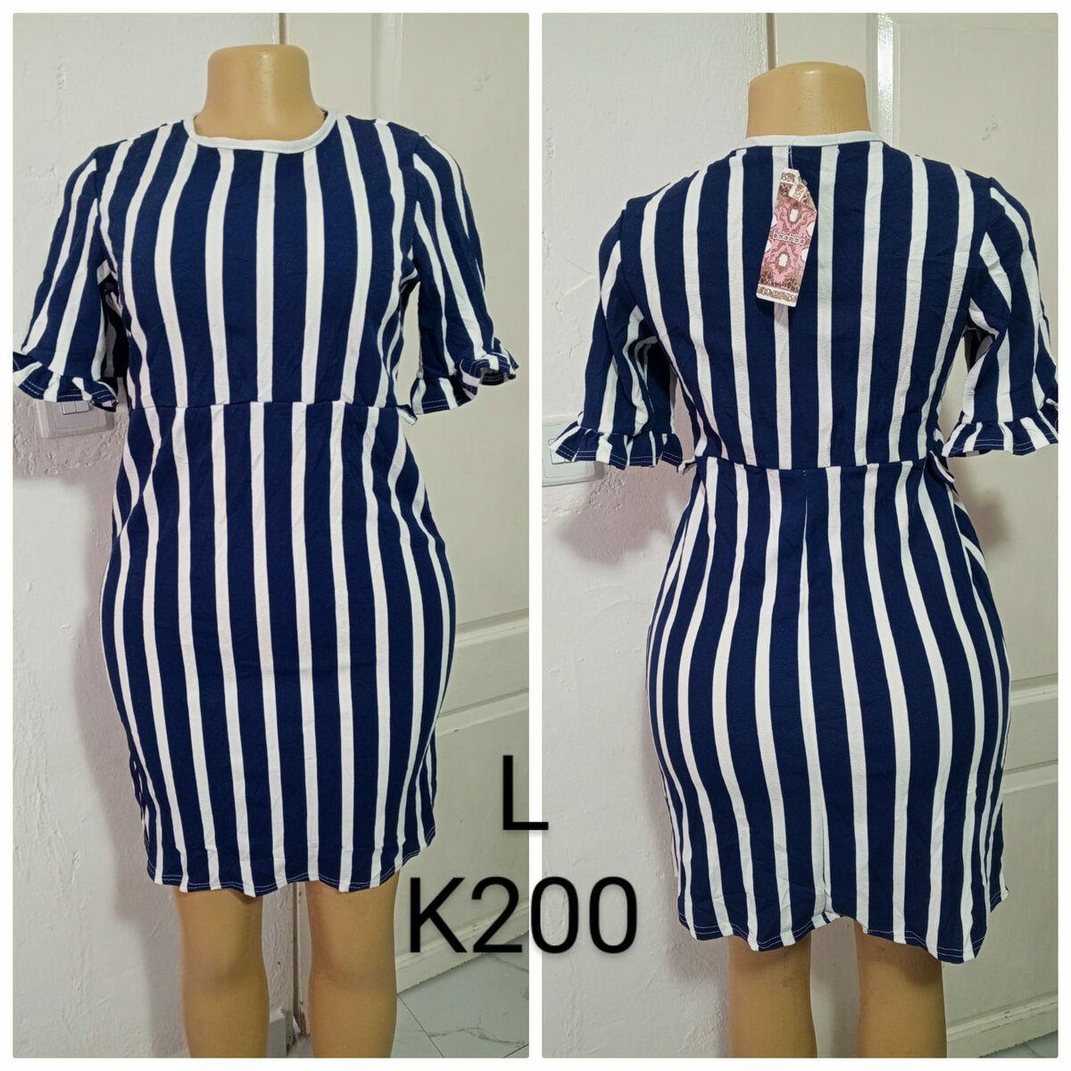 Women's dress with blue and white stripes, size L