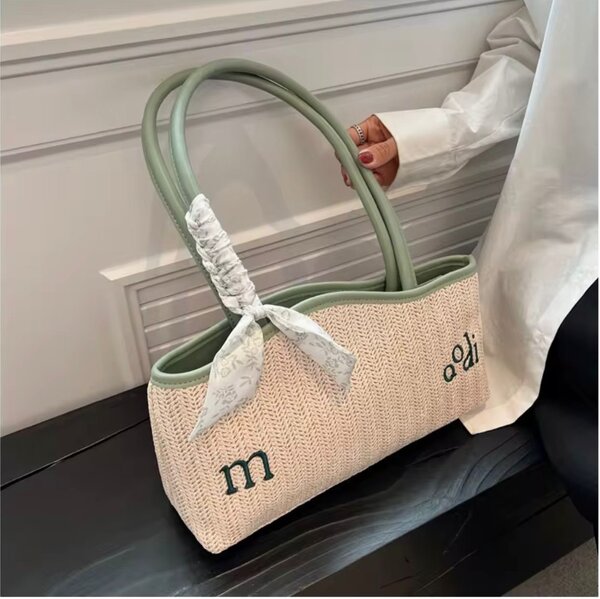 Sac cabas en paille avec poignée et ruban