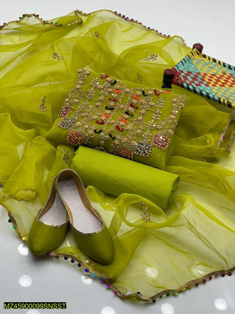 3Pcs Unstitched woman organza silk Embroidered Suit