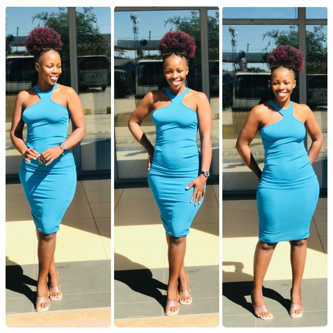 Stretch dress, blue, asymmetrical neckline