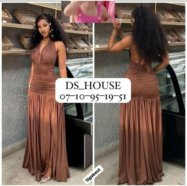 Robe longue marron satinée drapée