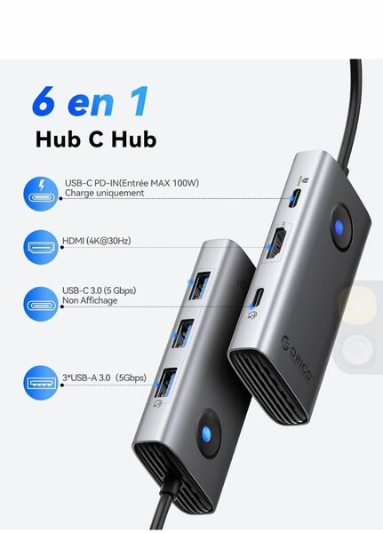 Hub USB-C 6 en 1 Ultra-Rapide