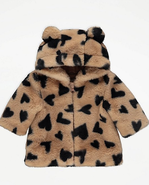 Brown Heart Print Faux Fur Coat