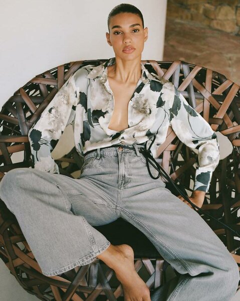 Zara Satin Printed Shirt in Grey & Tan 