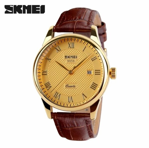SKMEI Mens Leather Watch-Brown/Gold
