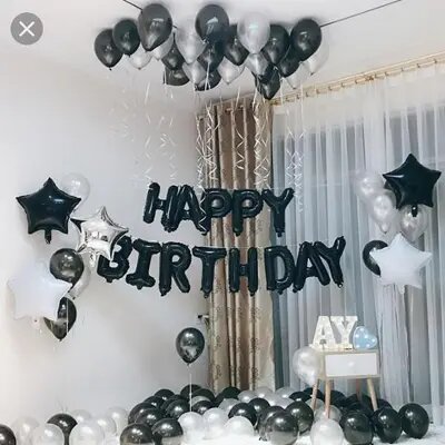 Birthday Deal White & Black Color - Black Happy Birthday Foil, White Stars black Latex Balloons