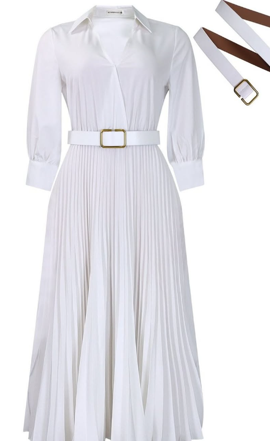Women's white dress with pleating and belt.