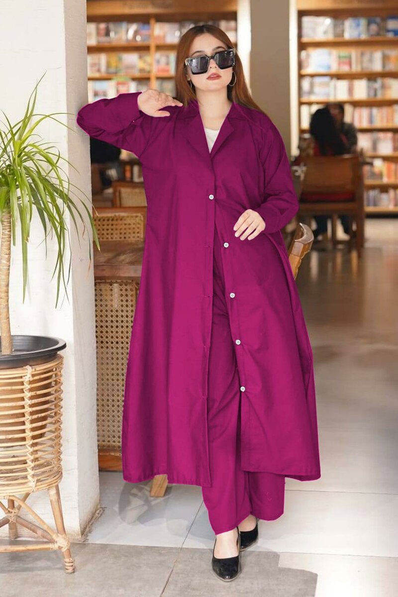 woman's Stitched Overcoat Trouser-2 pcs plain cotton magenta