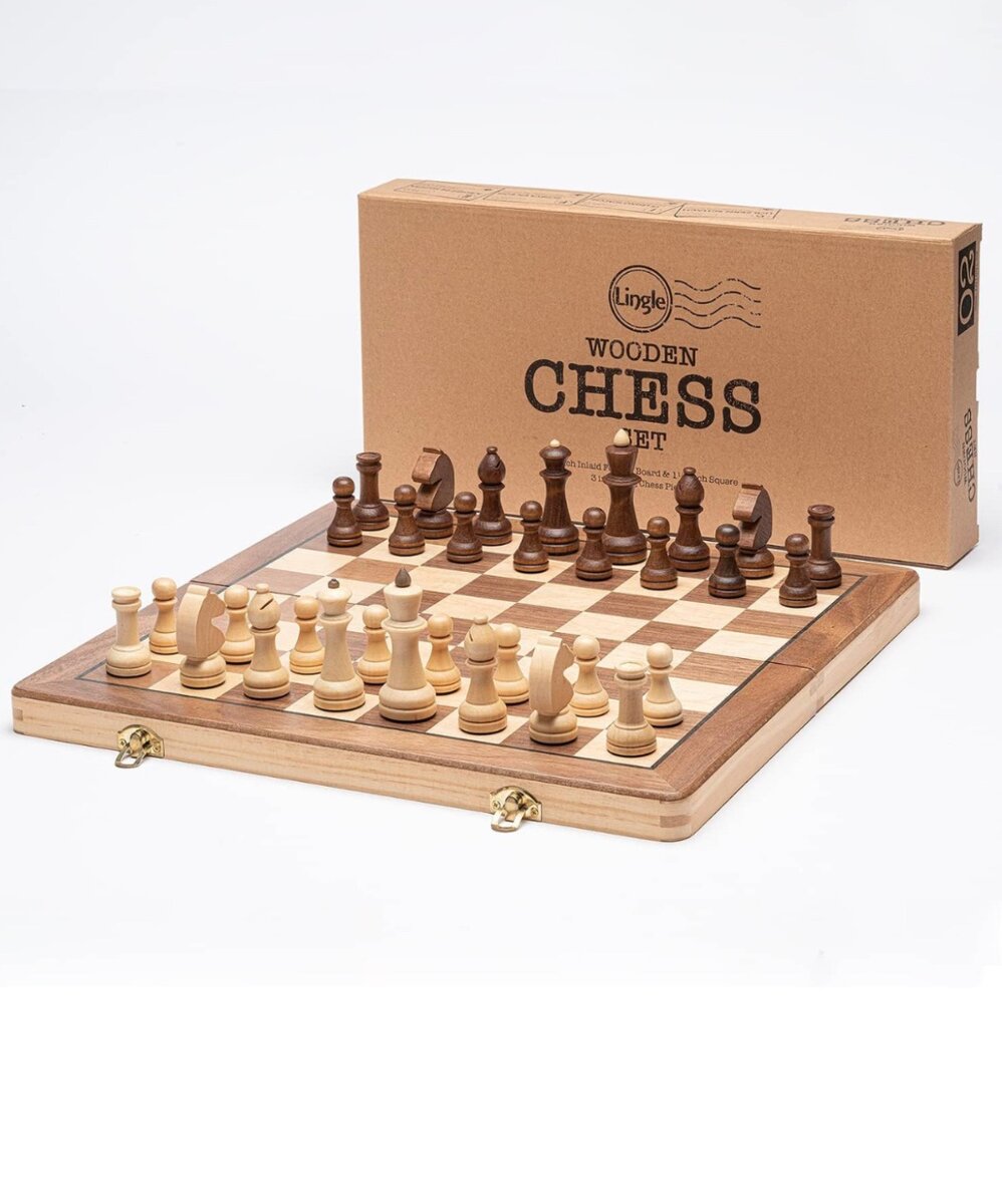 Lingle 15 Inch Travel Wooden Folding Chess Set w/ 3 Inch