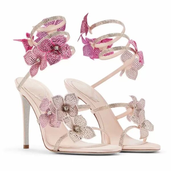 R snake-shaped lace flower diamond ring stiletto sandals