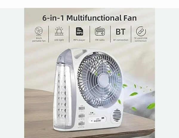 Rechargeable fan with speakers
