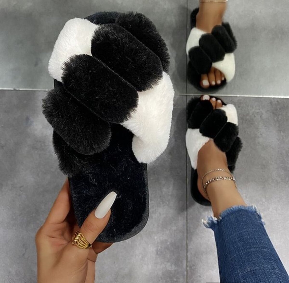 Warm Fluffy Slippers Women Faux Fur Cross Indoor Floor Slide