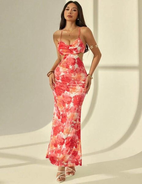 Robe longue fleurie rouge